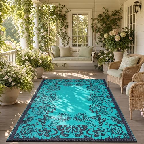 GarveeHome Outdoor Rug 9x12 Patio Waterproof, Reversible Plastic Straw Rugs for Camping, Picnic, Balcony, Porch, RV, Easy-Clean & Quick Dry Floral Pattern Large Indoor Outdoor Carpet, Teal