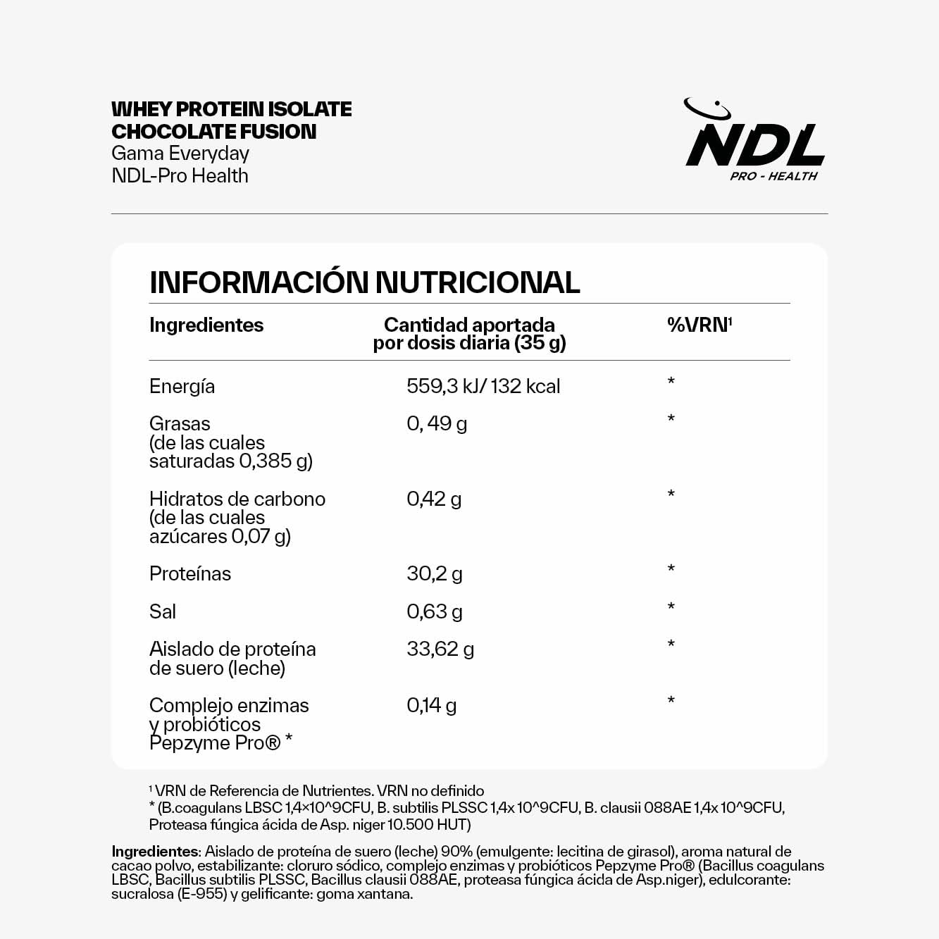 NDL Pro-Health Proteína Isolate Chocolate | 90% Aislado de suero | Probióticos Pepzyme Pro® | Bajo en azúcar y grasas | Alta pureza y digestibilidad | 500g | Una marca de Rafa Nadal & Cantabria Labs
