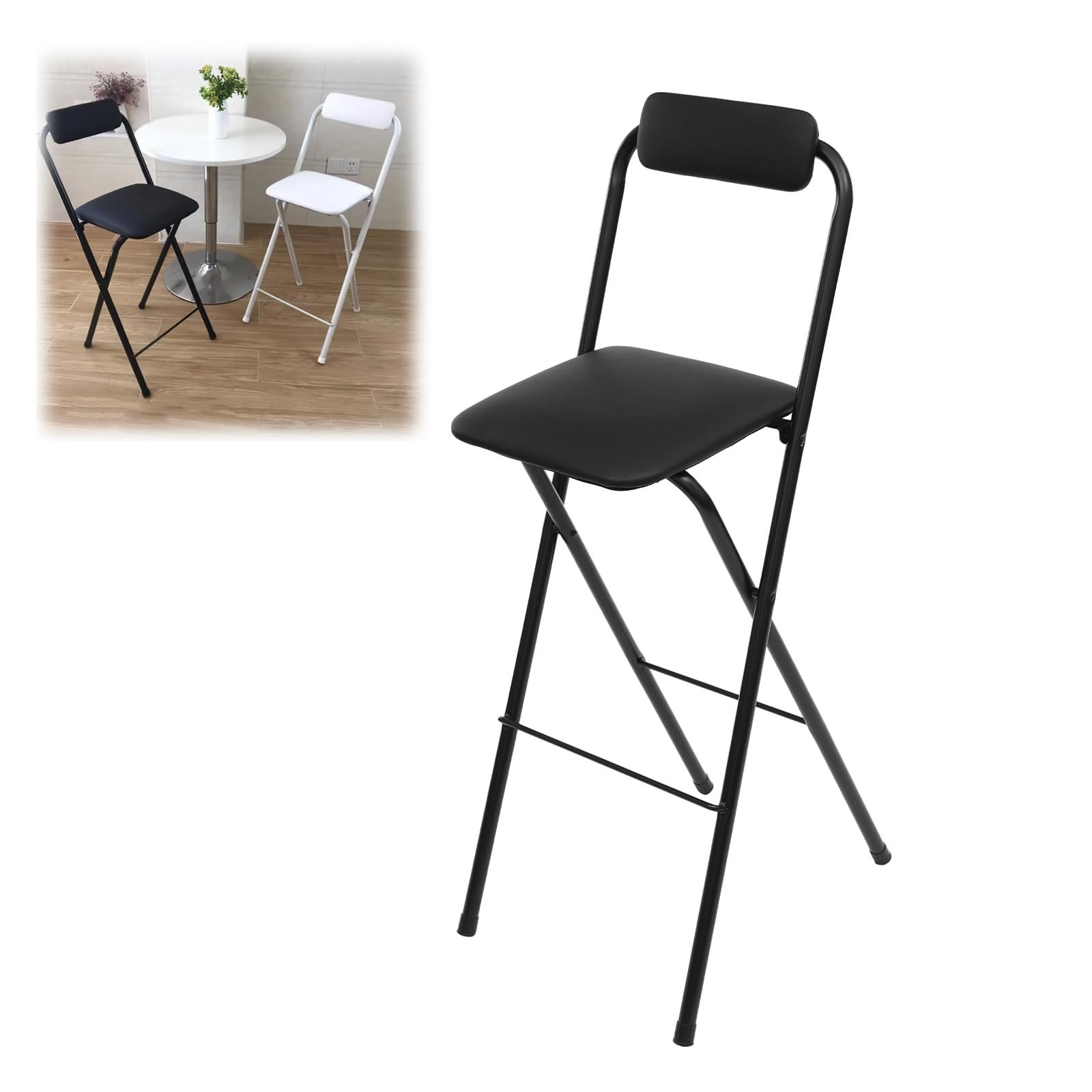 Folding Kitchen High Stools, 65 cm with Back, Folding High Stools with Footrests for Bedroom Cafe Kitchen Lightweight and Versatile (Black, 1 Piece - 65cm/25.5in)
