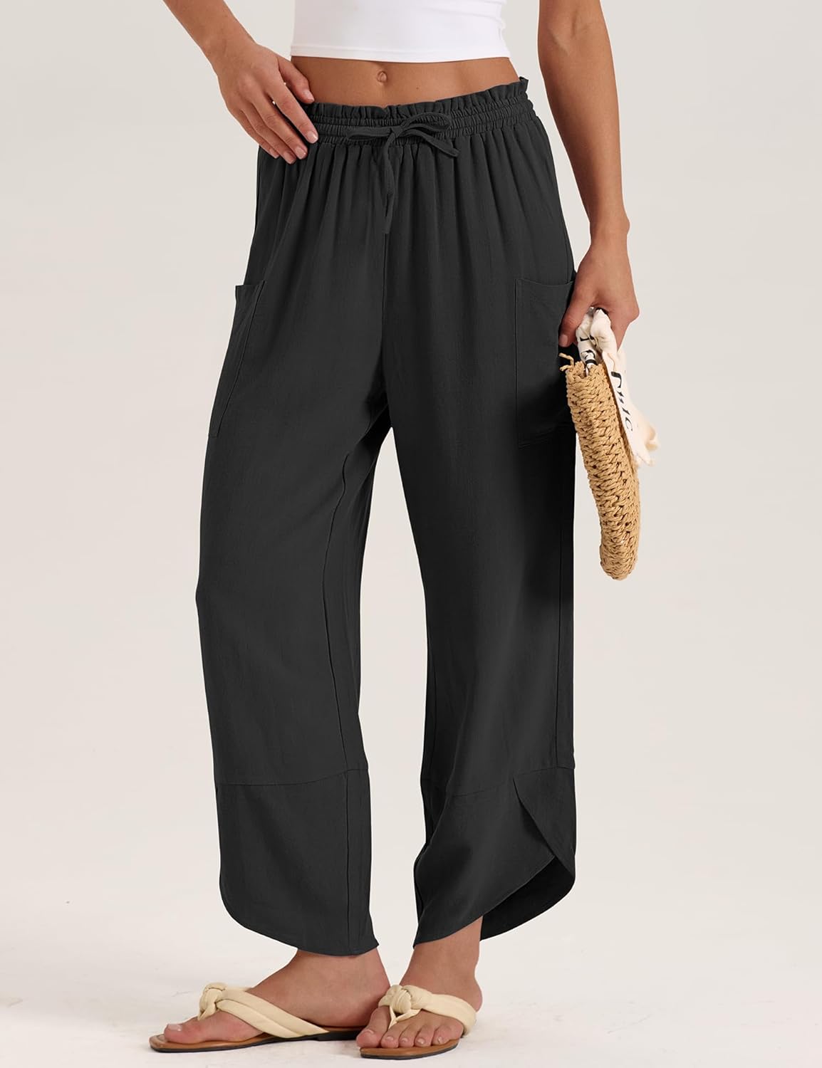 LOMON Women Linen Palazzo Pants Boho Wide Leg Elastic Waisted Casual Capri Pant Summer Harem Lounge with Pockets - Image 4