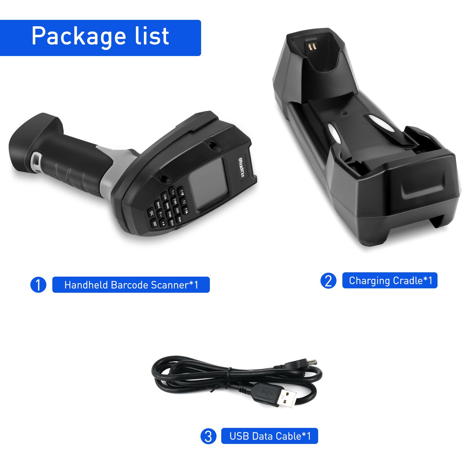 scanner wireless per codici a barre con base di ricarica CCD 1D, schermo di lettura dati 2,4 G, wireless e USB, con schermo LCD da 2,2"