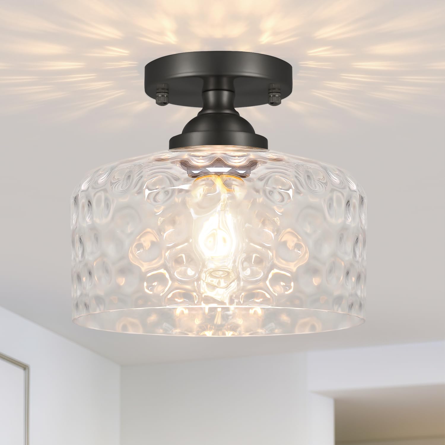 Photo 1 of Daunton Small Semi Flush Mount Ceiling Light Fixture, Vintage Black Close to Ceiling Lighting with Hammered Glass Shade for Hallway, Kitchen, Entryway (Retro Design, Easy Install)