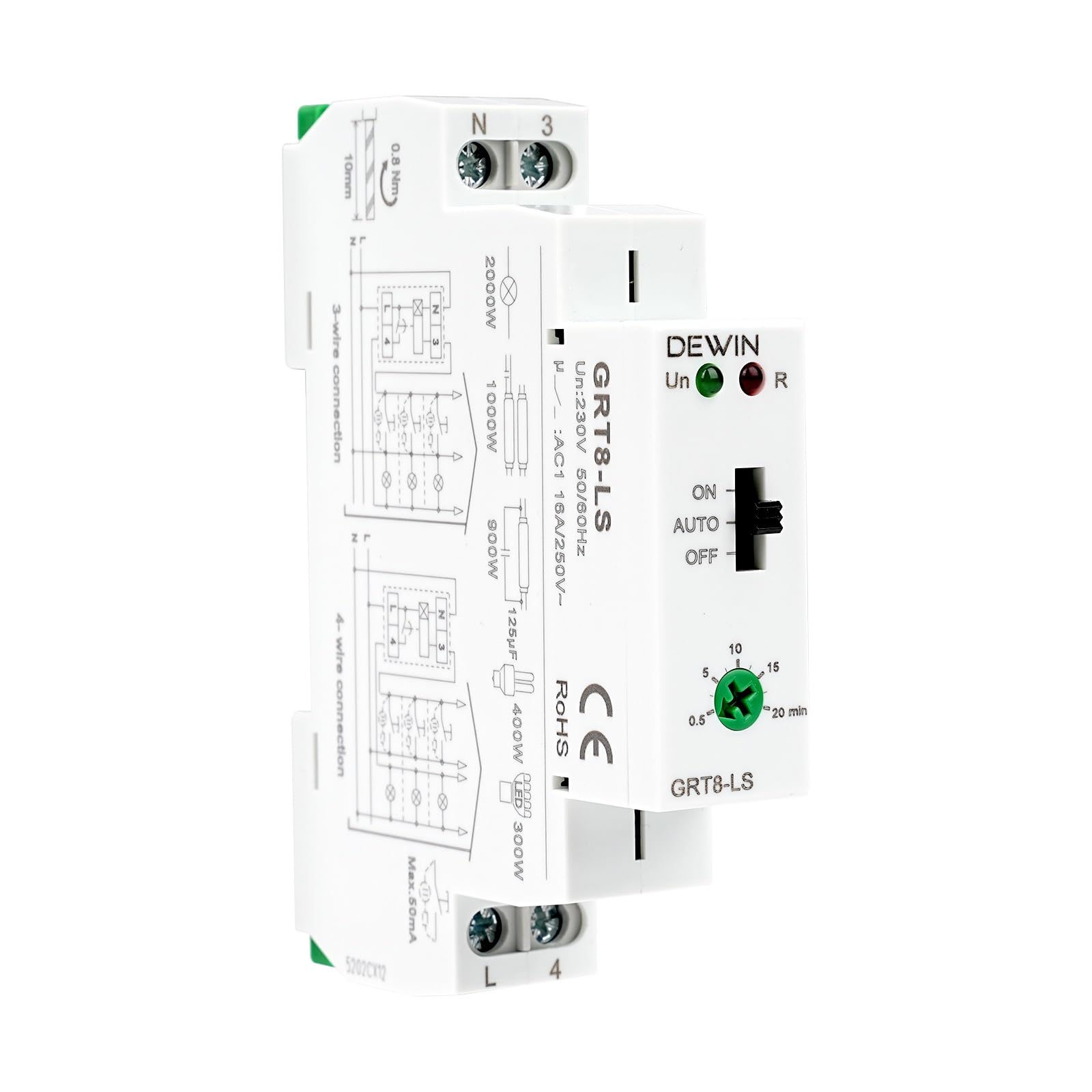 DEWIN Time Relay 230V, GRT8-LS Din Rail Stair Lighting Timer 0.5-20 Minutes Delay Corridor Lighting Switch 16A AC 230V