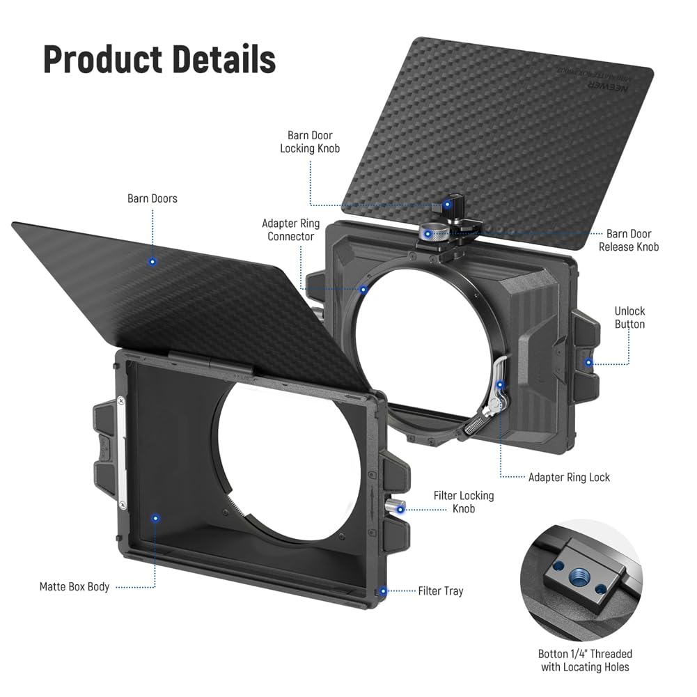 Matte Box con Bandeja para Filtros de 4 Pulgadas X 5,65 Pulgadas, Bandera de Fibra de Carbono para Cámara DSLR Sin Espejo con Lente de 67/72/77/82 mm