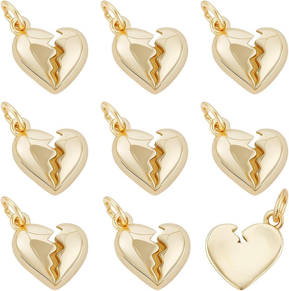 Beebeecraft 1 Box 10Pcs Broken Heart Charms 18K Gold Plated Brass Valentine Love Pendants Charms with Jump Ring for DIY Necklaces Bracelets Earrings Findings Jewelry Making