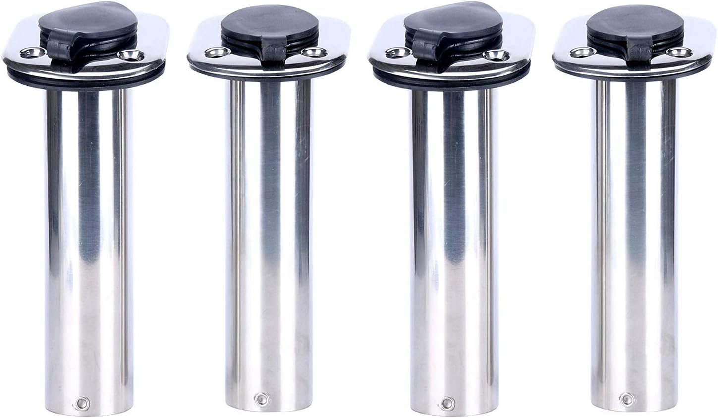Amarine Made 4 Pack of Stainless Steel Rod Holders Rubber with Cap, Liner, Gasket (15 Degree Rod Holders)