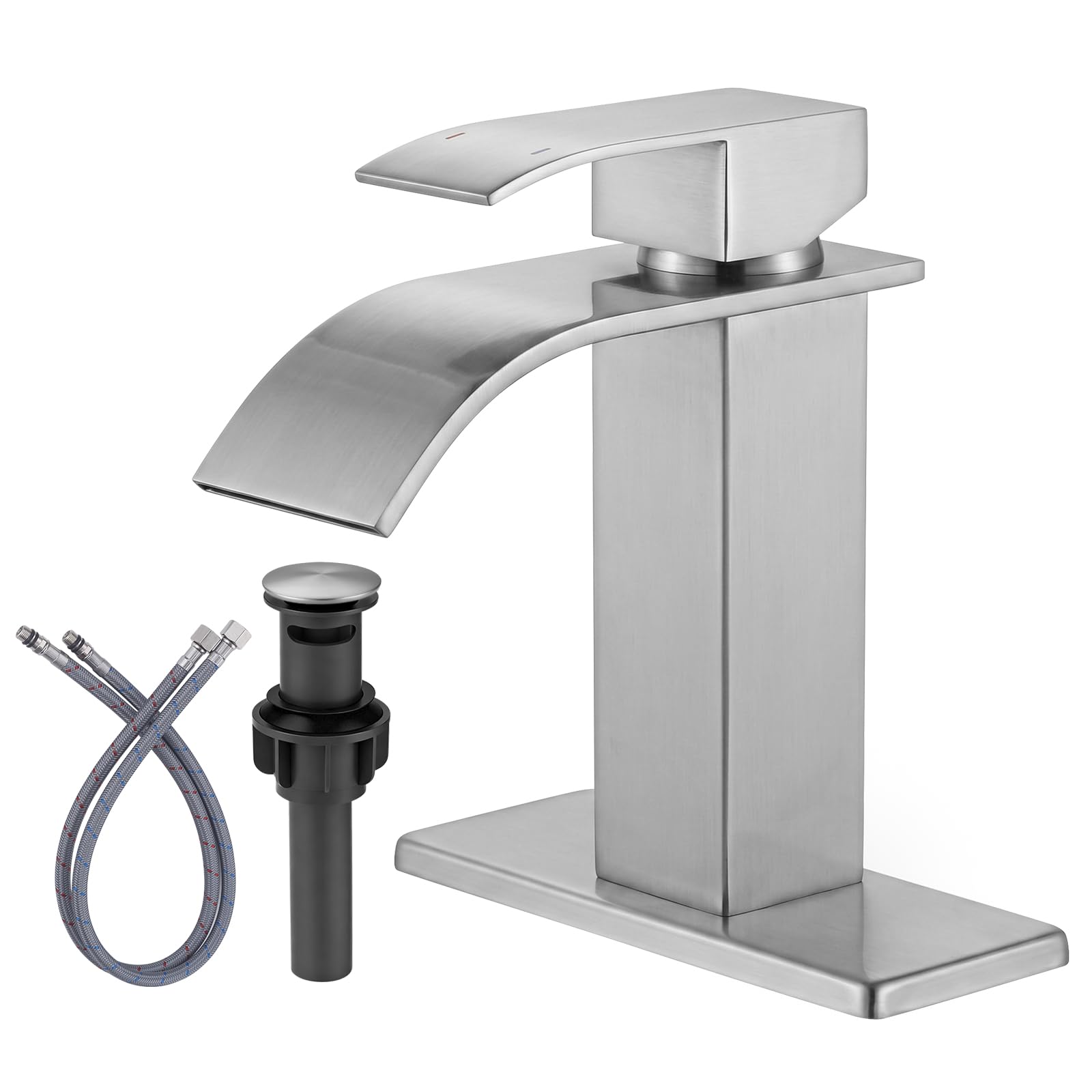 Robinet mitigeur d'évier de salle de bain cascade ARCORA monotrou en nickel brossé avec bonde