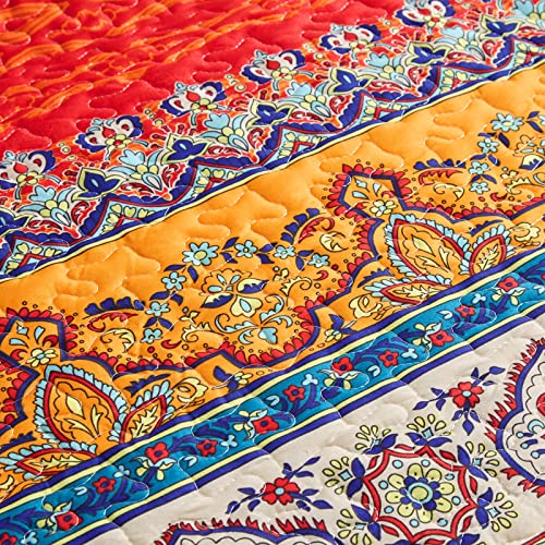Flysheep 3-Piece Boho Colorful Full Queen Quilt Set For Summer, Bohemian Floral Blue N Red Striped Lightweight Bedspread/Coverlet, Brushed Microfiber For All Season - 92X90 Inches #TOP1