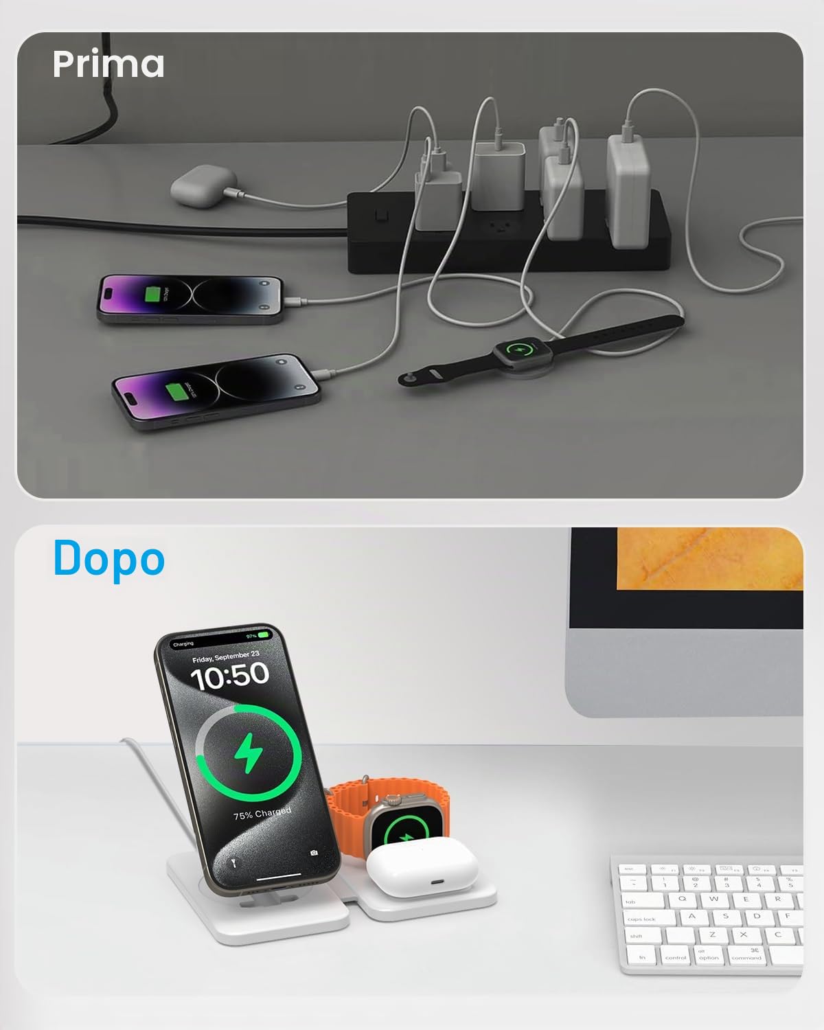 GEEKERA Caricatore con Magsafe, 3 in 1 Stazione di Ricarica per Apple Watch e iPhone Air/17/16/15/14/13/12, Caricatore Wireless per iWatch 2-Ultra 3, Base Caricabatterie per AirPods 2-Pro 3, bianca
