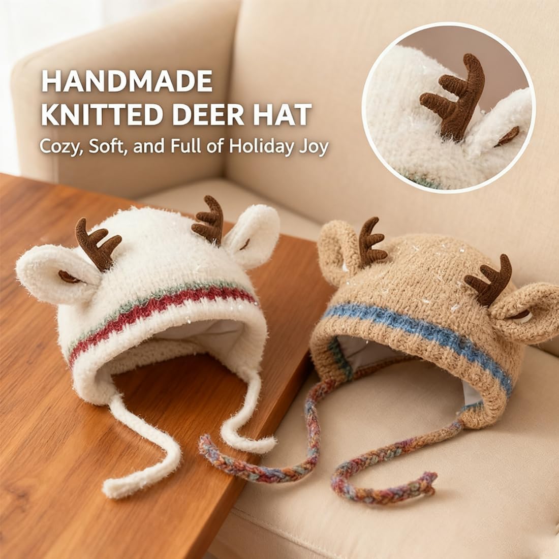 Christmas Antler Hat, 2-in-1 Reindeer Beanie & Handbag, Foldable Sheep Ears Warm Windproof Ear Protection Cap