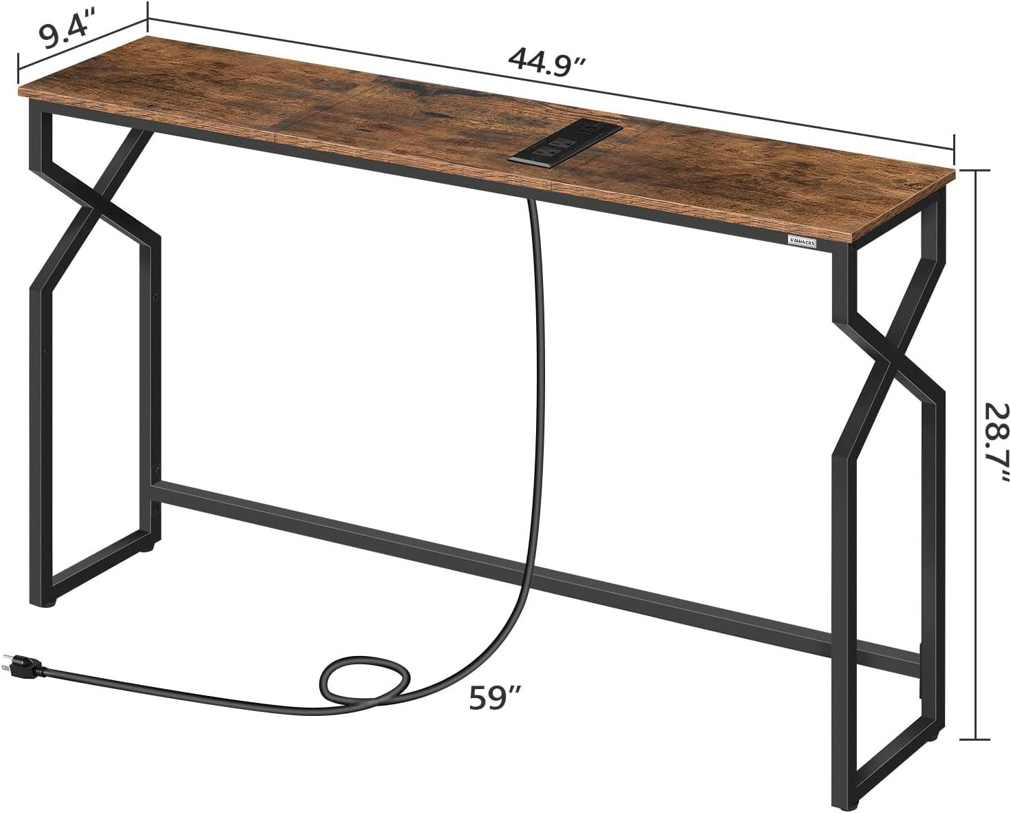 MAHANCRIS Sofa Console Table, 44.9" Entryway Table with Charging Station, Narrow Couch Table, Hallway Table, Sofa Table with USB Ports, Metal Frame, for Entrance, Living Room, Rustic Brown CTHR113E01