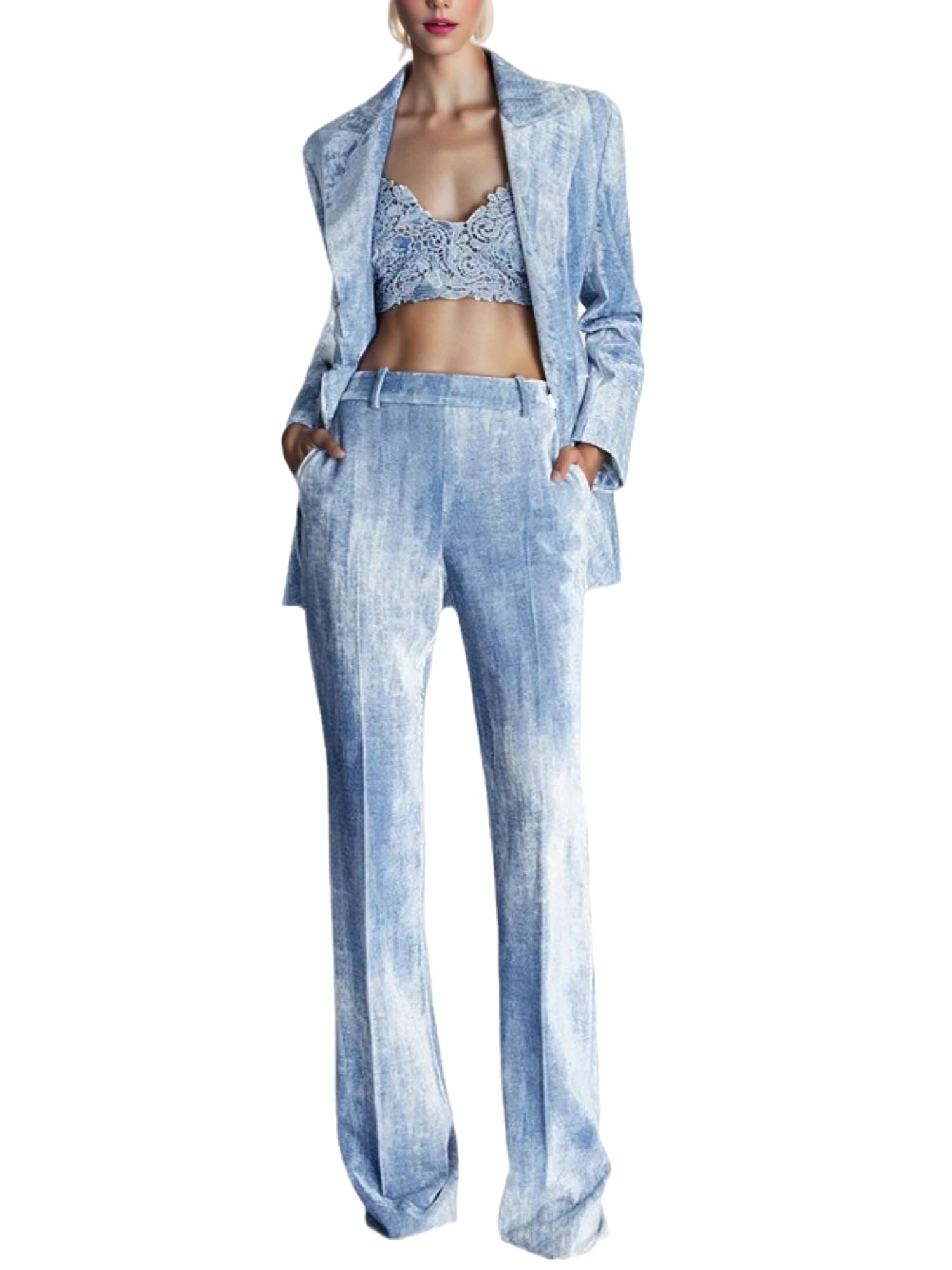 Womens Two Piece Set for Lapel Long Sleeve Blazer Coat High Waist Wide Leg Pant Sets Female Fashion