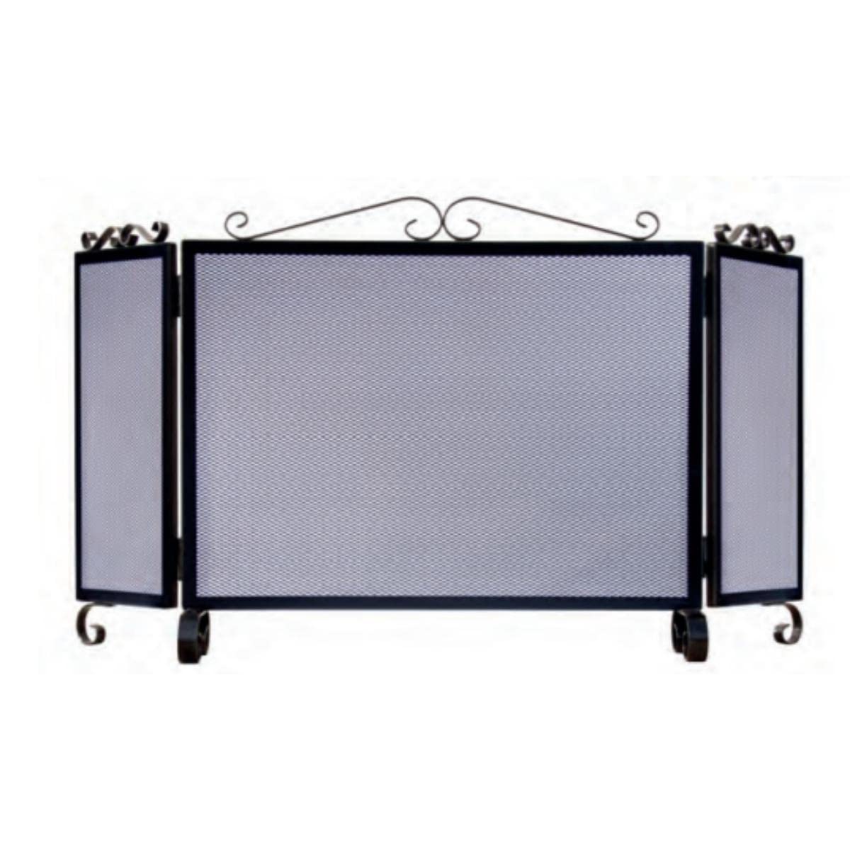 Rejilla de 3 paneles de protección para Chimenea, Mampara Cortafuegos, Salvachispas en Hierro Forjado Color Negro - Altura 64 x Longitud 66,5 x Anchura 20 cm