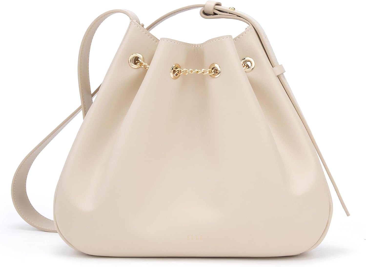 ELLE Women's Soft Leather Bucket Shoulder Bag with Chain Drawstring