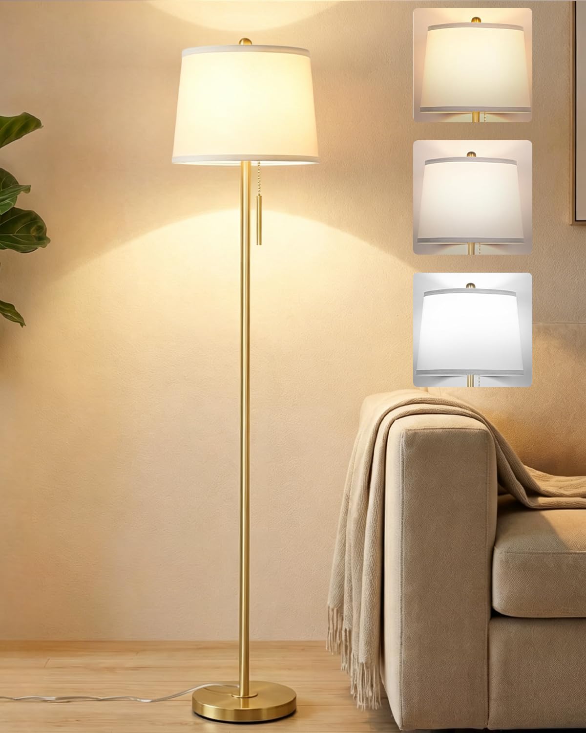 JUNNAI Stehlampe Wohnzimmer, 160 cm Modern Stehleuchte mit Leinen-Lampenschirm & E27 Birne 3 Farbtemperatur Standleuchte für Schlafzimmer Büro(9W LED-Glühbirne enthalten) -Gold