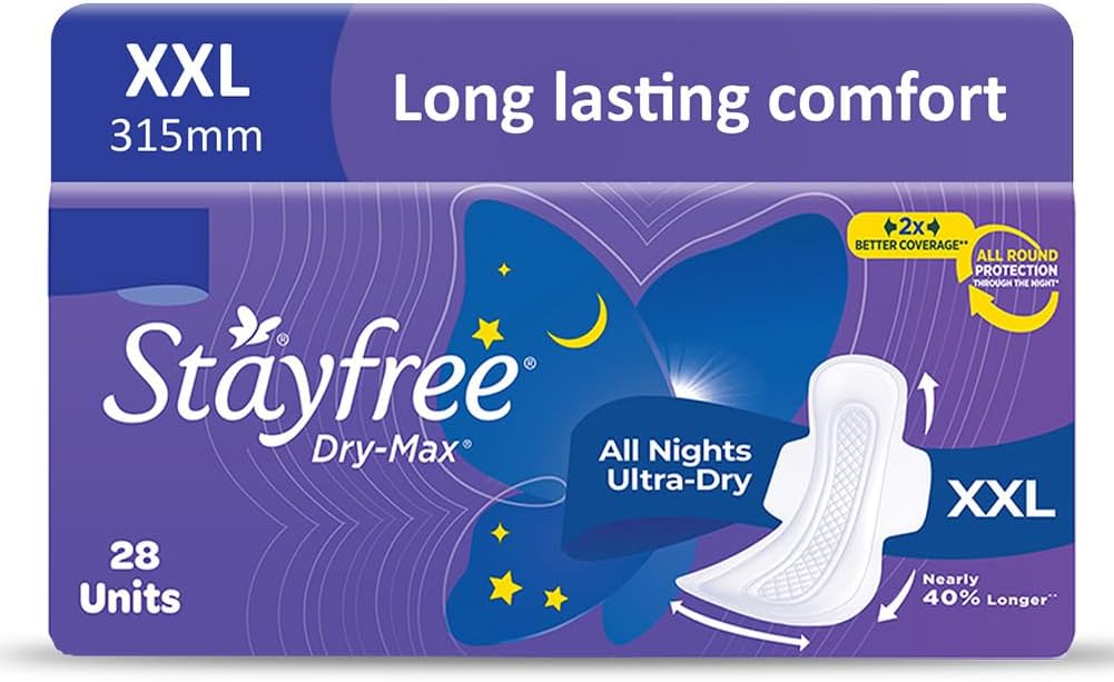 Stayfree Dry Max All Night XXL Sanitary Pads For Women | 28 Pads | Dry Cover | Provides Dry Feel for Up to 12 Hours | Super Lock Gel Pockets to Absorb Heavy Flow