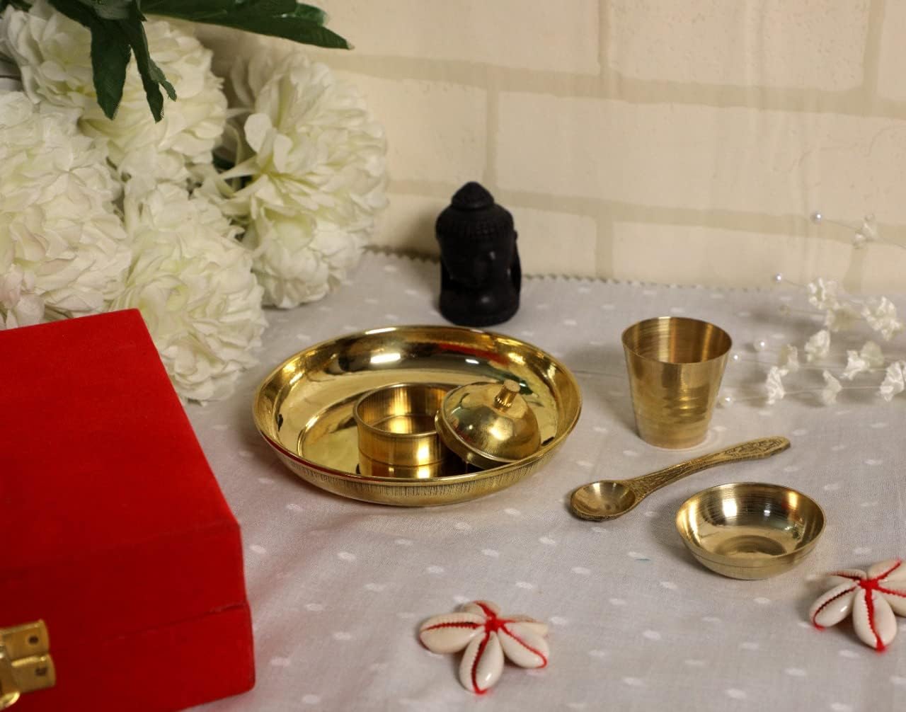 Pure Brass Pooja Thali Set | Brass Plate Size - 4 inches (Plate, Small Glass, Spoon, Bowl, vermilion box) (WITH GIFT BOX)