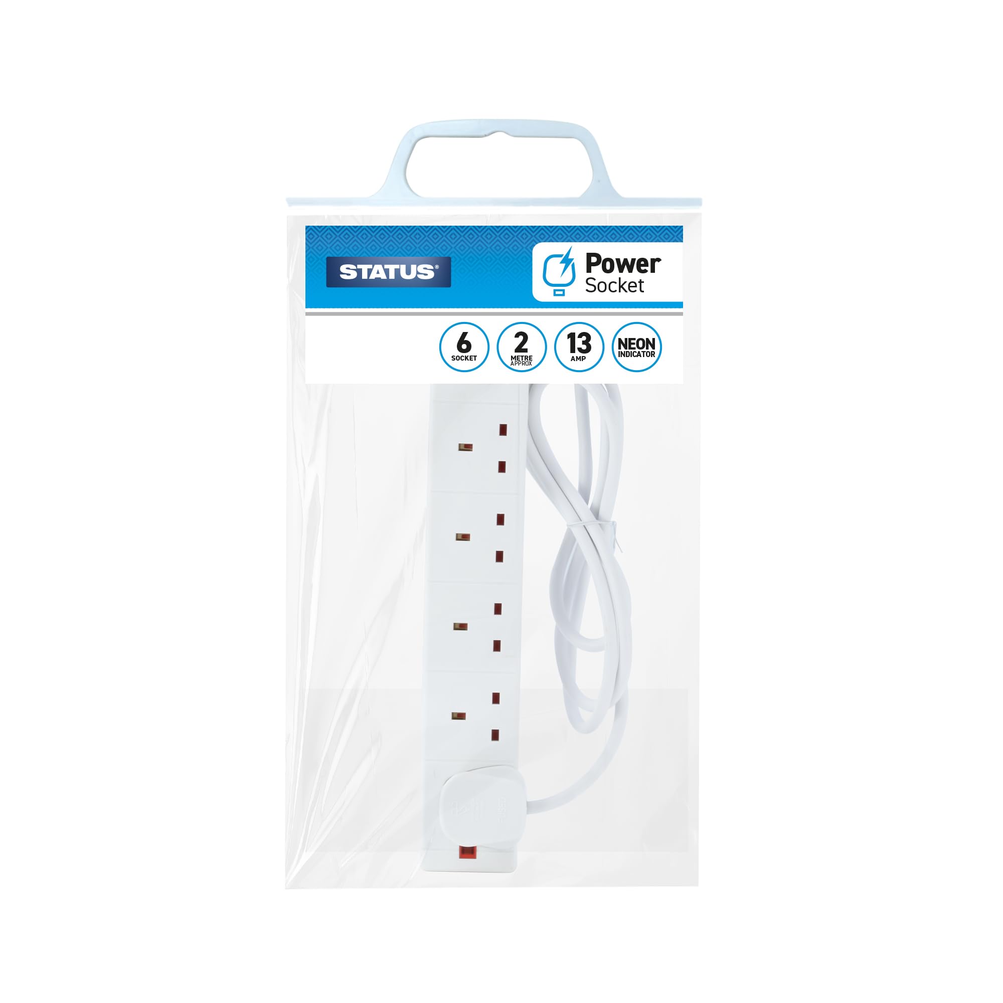Status 6 Way Extension Socket - White - 2M