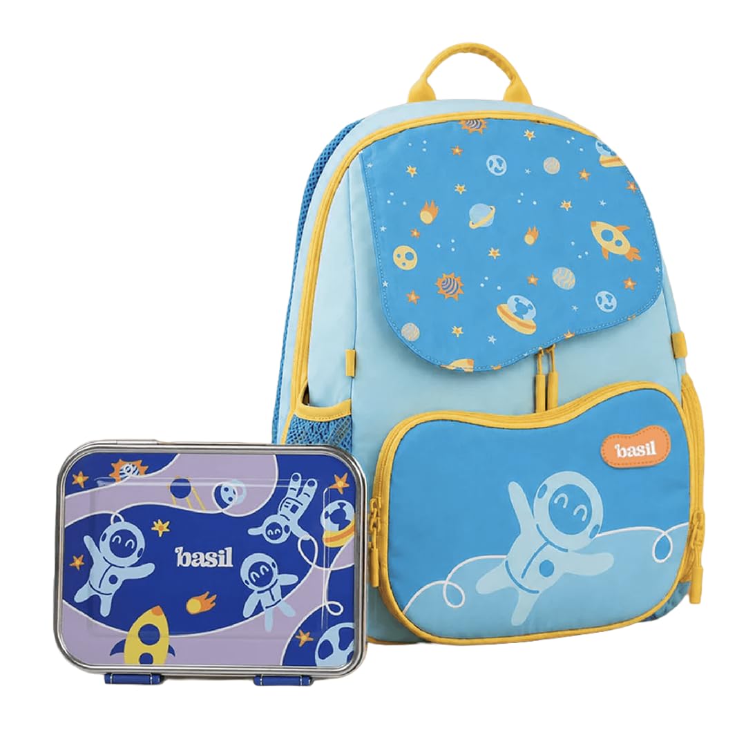 Basil Kids School Combo | Wander 20L School Backpack + Bento Box Neo 1000ml Stainless Steel Lunch Box | Super Swoosh