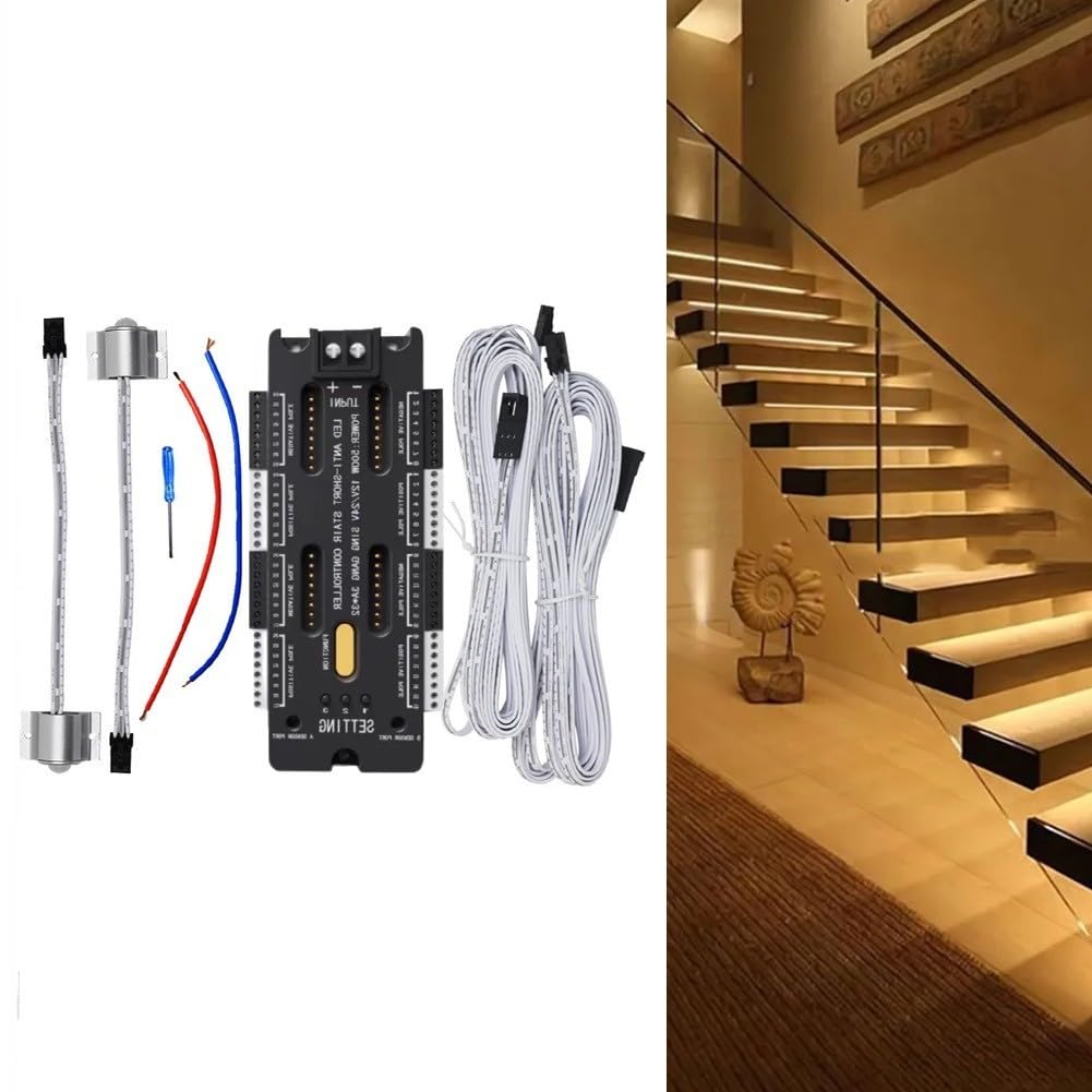 Dispositif innovant de contrôle de la lumière d'escalier à LED avec une configuration complète à 32 canaux avec capteurs de mouvement intégrés et réglage de la luminosité