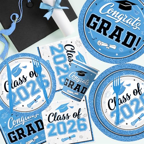 2026 Graduation Decorations Tableware,Light Blue Graduation Plates and Napkins,Class of 2026 Congrats Grad Party Supplies Disposable Tablecloth Cup Knife Fork for Graduation Party Decor,Serve 25 by Peghoqu - Used condition - Image 5