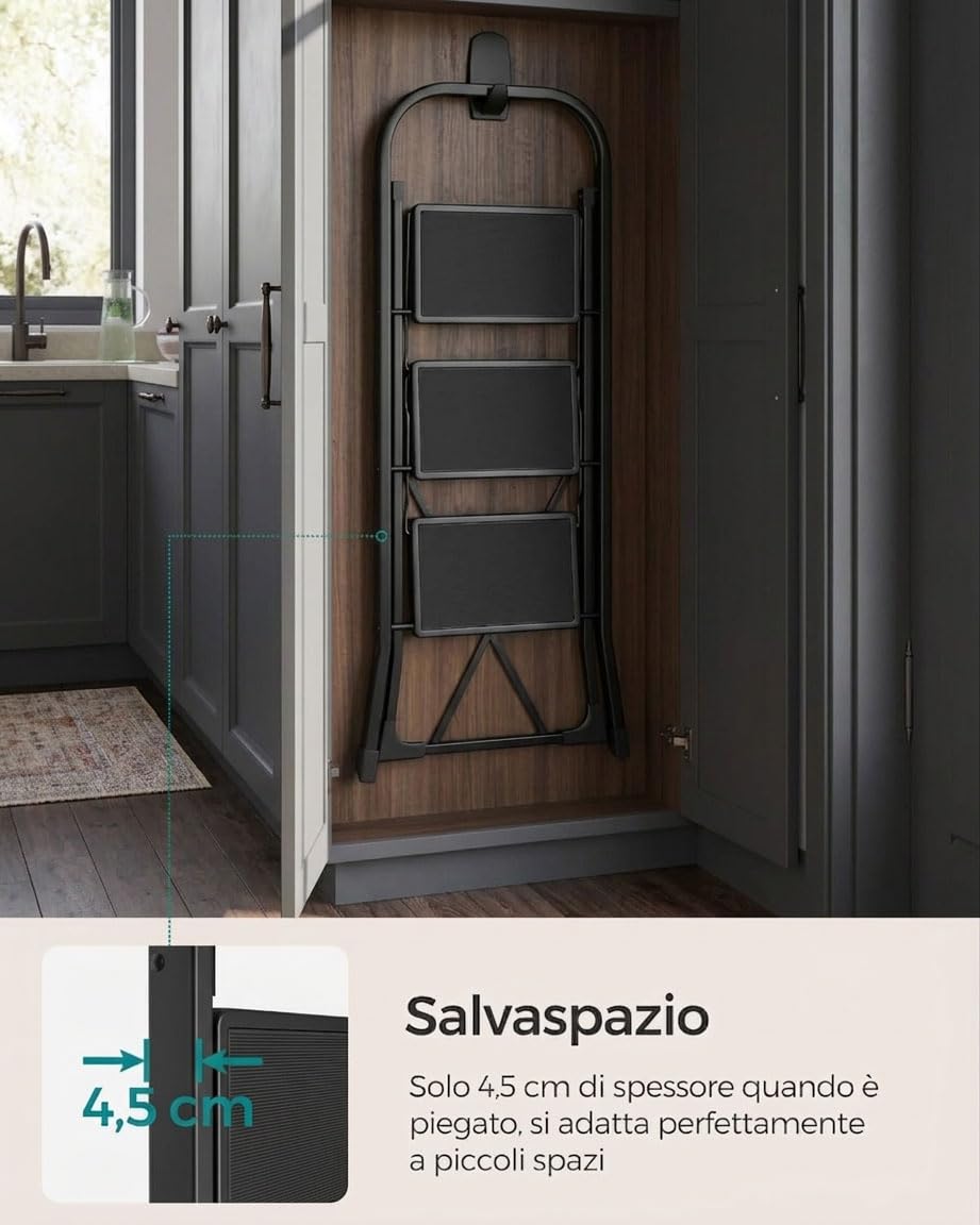 HYTAMA TOOLS Scala Scaletta 3 Gradini Pieghevole Black Mini, Nero con Piedini Antiscivolo, Struttura in Acciaio, Leggera, Multiuso, Certificata EN14183 Portata 150Kg
