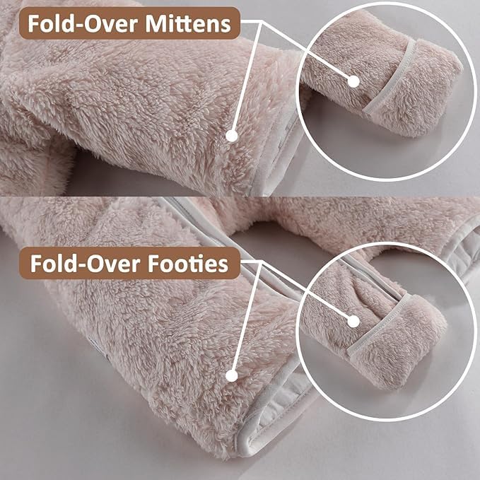 Newborn Baby Bear Outfit With Fold-Over Mittens and Footies Girls Boys Winter Fleece Clothes Hooded Romper Snowsuit - Image 2