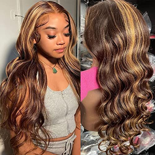 Highlight Lace Front Wig Human Hair Transparent 13x4 Lace Frontal Wigs Body Wave Colored Ombre P4/27 Glueless Wig for Black Women 200% Density Pre Plucked 24 Inch