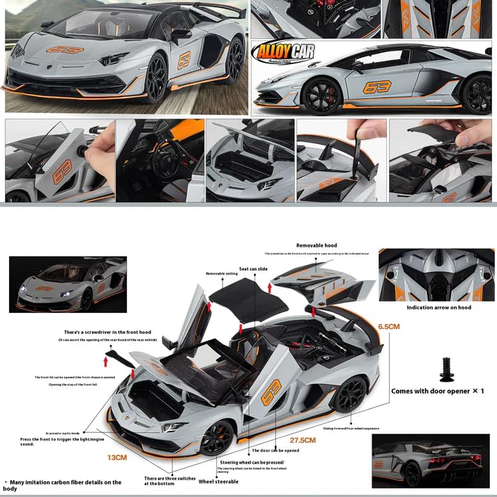 Image of Invite Enterprise 1:24 Lamborghini Avantadoor SVJ 63 Diecast Metal Pull Back Car with 4 Openable Doors with Sound and Light Toy Decoration car Best Gift Toys for Kids 【Colors as Per Stock】