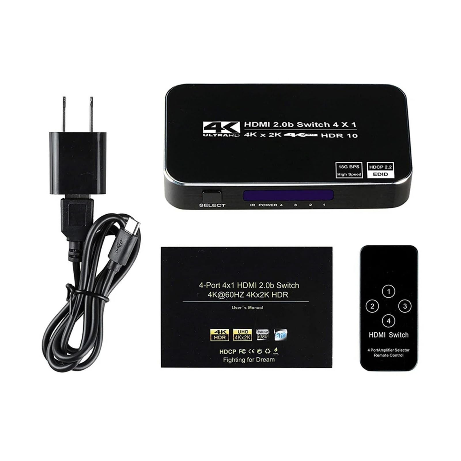 Divisor de HDTV 4K, 4 entradas, 1 Salida, Puertos, conmutador HD, selector, Cable, Compatible con Reproductores 3D Full 1080P, y Consolas Juegos PS4(HS14A1)