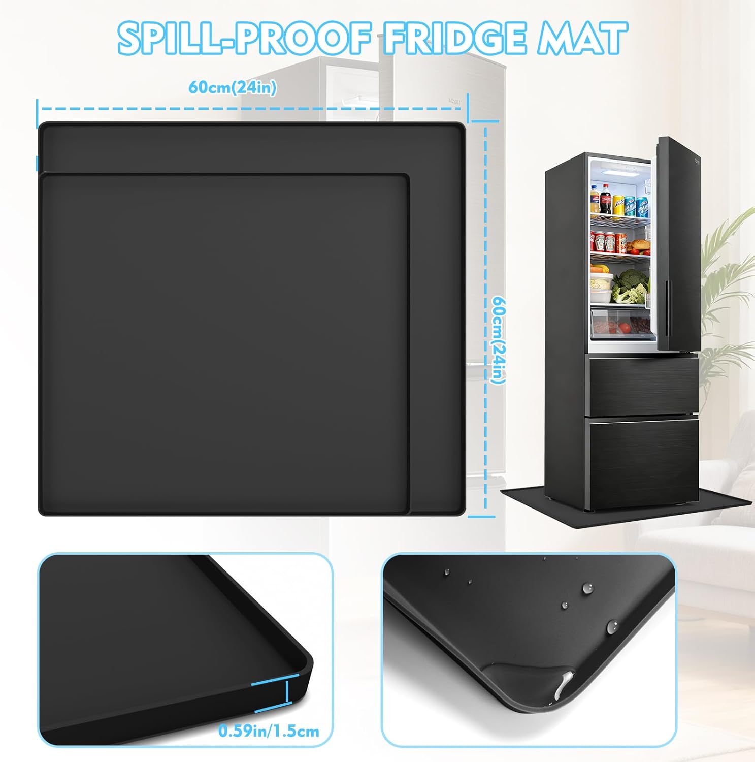 Refrigerator Mat, 24"X24" Silicone Drip Tray, Multifunctional Non-Slip Waterproof Home Appliance Mat for Refrigerator, Washing Machine, Dryer, Dishwasher,Easy to Clean, Protects Floor Black