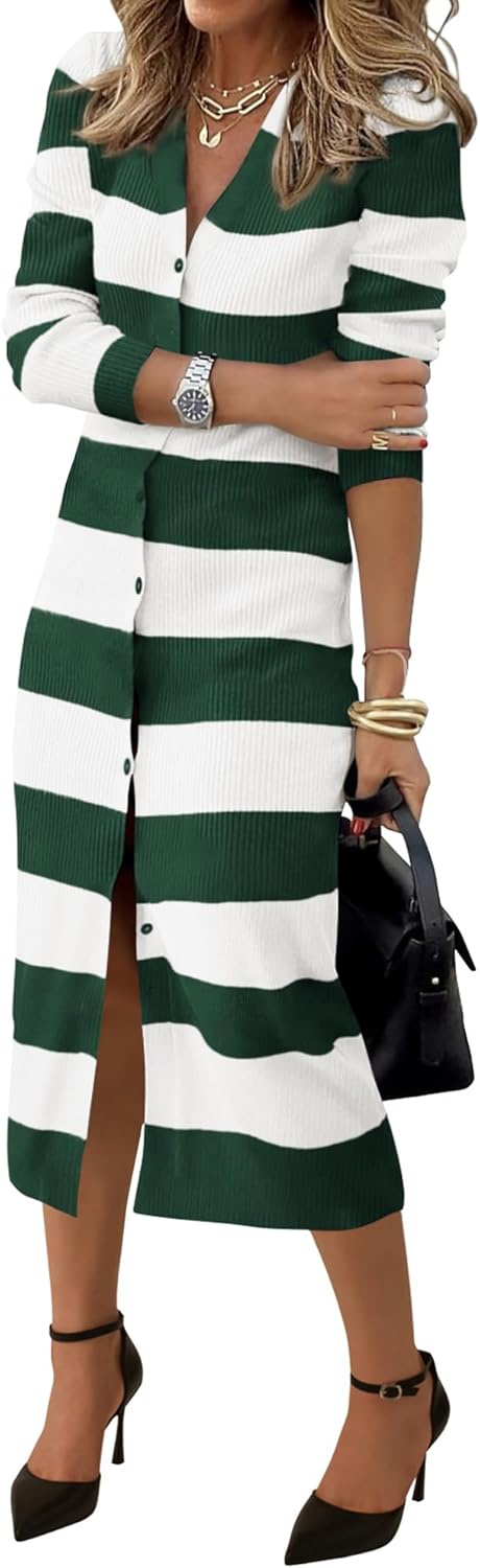PRETTYGARDEN Women's Fall Sweater Dresses 2025 Long Sleeve V Neck Button Ribbed Knit Stripes Bodycon Midi Winter Dress