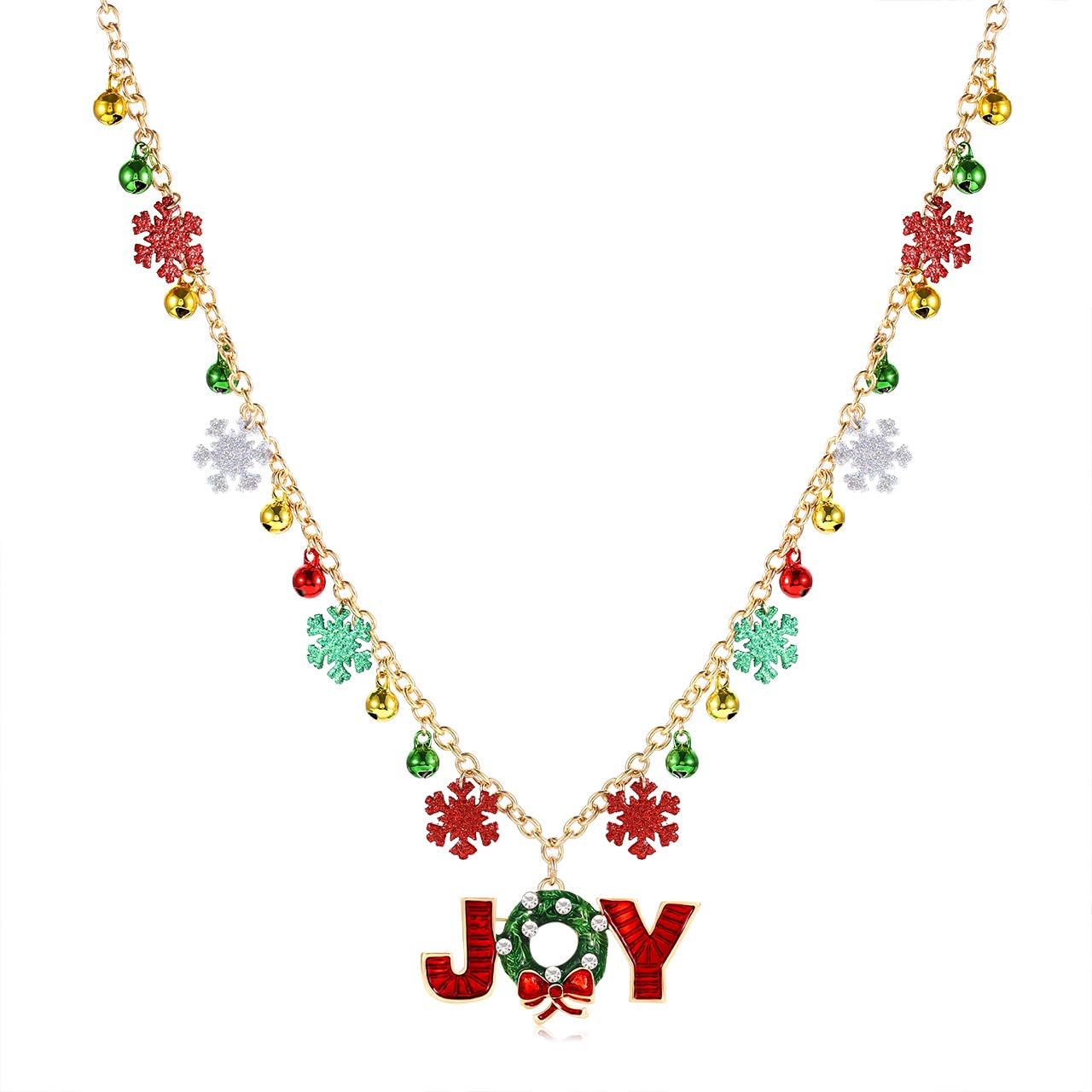 boderierChristmas Snowflake Necklace Long Glitter Snowflake Beaded Charm Necklace JOY Pendant Xmas Holiday Festive Jewelry Necklace