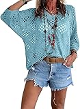 kumosaka Womens Bohemian-Inspired Crochet Top with V-Neck, Summer Tops Hollow Out Beach Crochet Cover Ups(Blue,2X-Large)