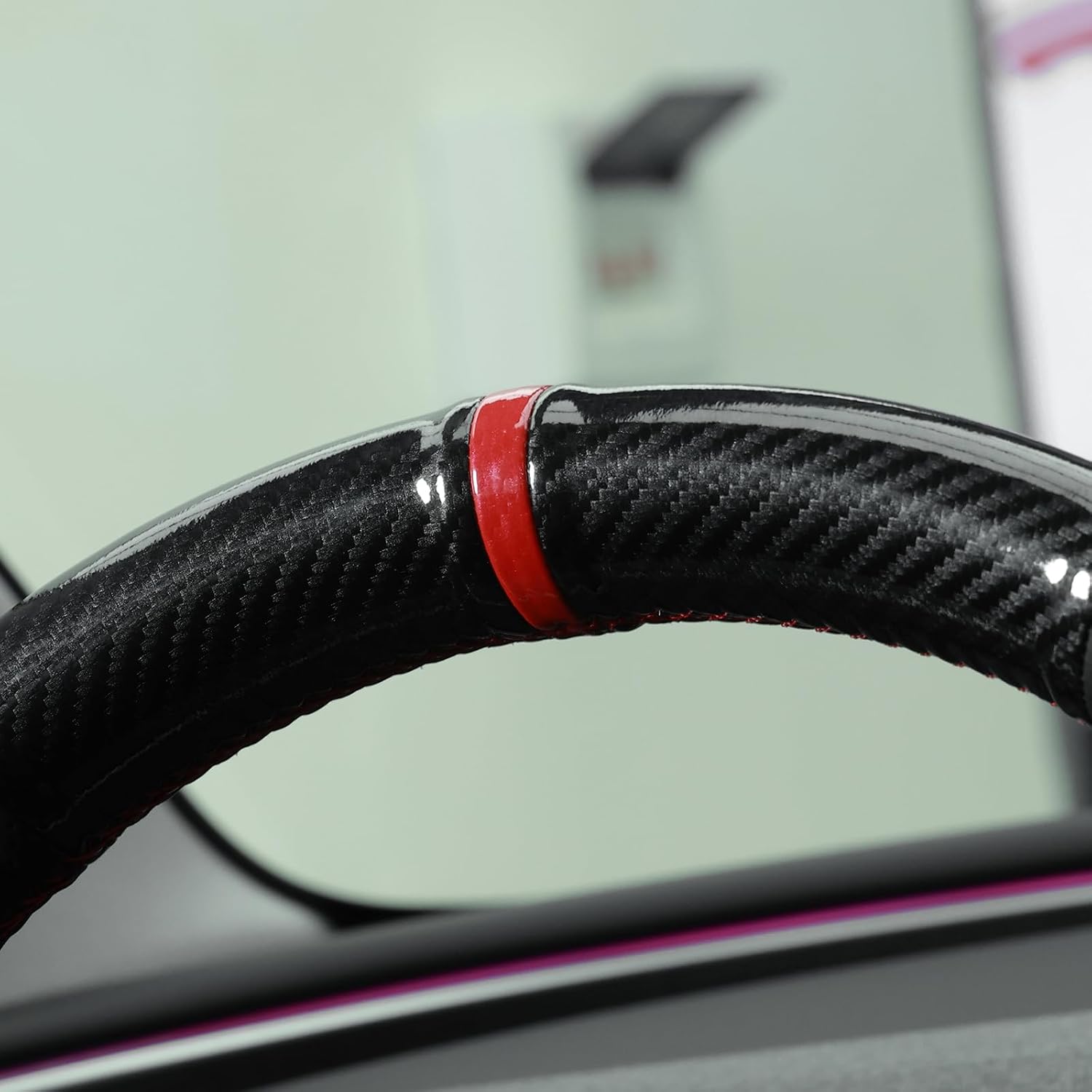 MEWANT Shiny PU Carbon Fiber Faux Leather Steering Wheel Wrap for Tesla Model3 Highland 2025 Tesla Model Y Juniper 2025