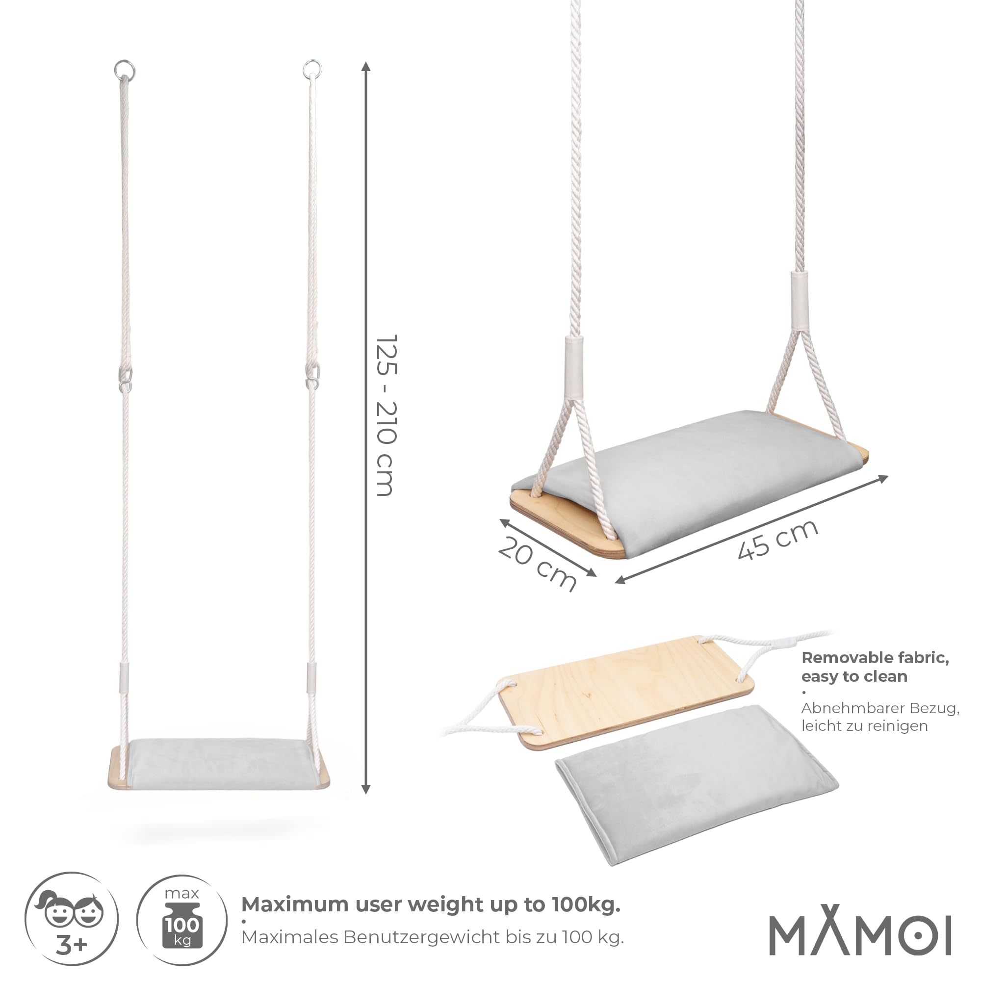 MAMOI® Drewniana huśtawka z poduszką Velvet, drewniane siedzisko do użytku wewnątrz i na zewnątrz, regulowane liny bawełniane, do 100 kg, wyprodukowano w UE