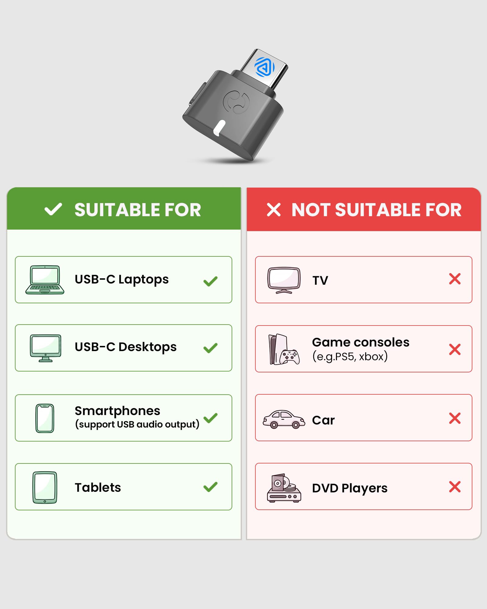 Avantree C82 Aura – Auracast Audio-Transmitter mit Privat- & Öffentlich-Modus, Überträgt an Mehrere Auracast-Geräte, Qualcomm Bluetooth 5.4, Firmware-Upgrade, USB-C-Adapter für PC, Mac & Smartphones