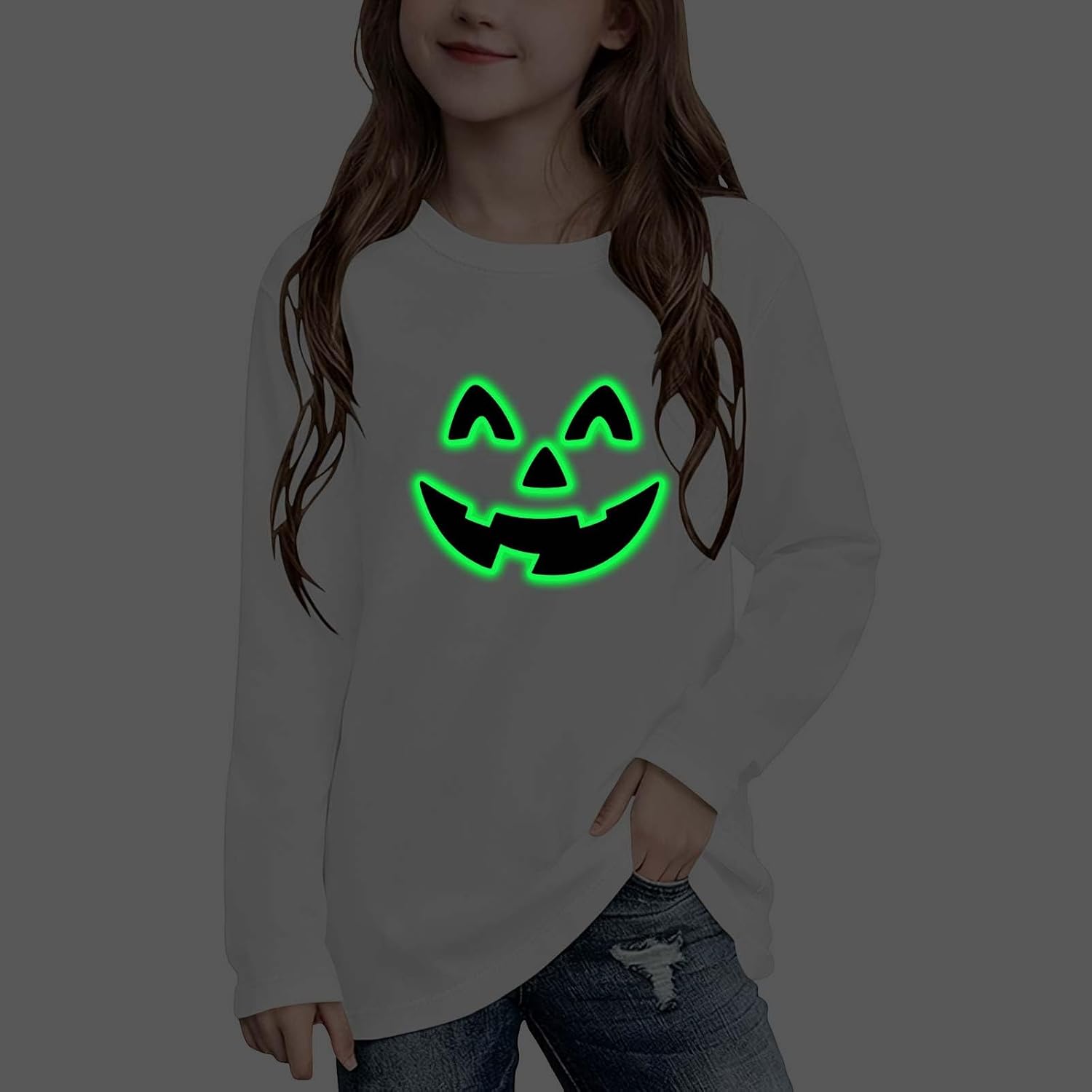 Kids Glows at Night Pumpkin Face Halloween Hoodie Pullover Tee
