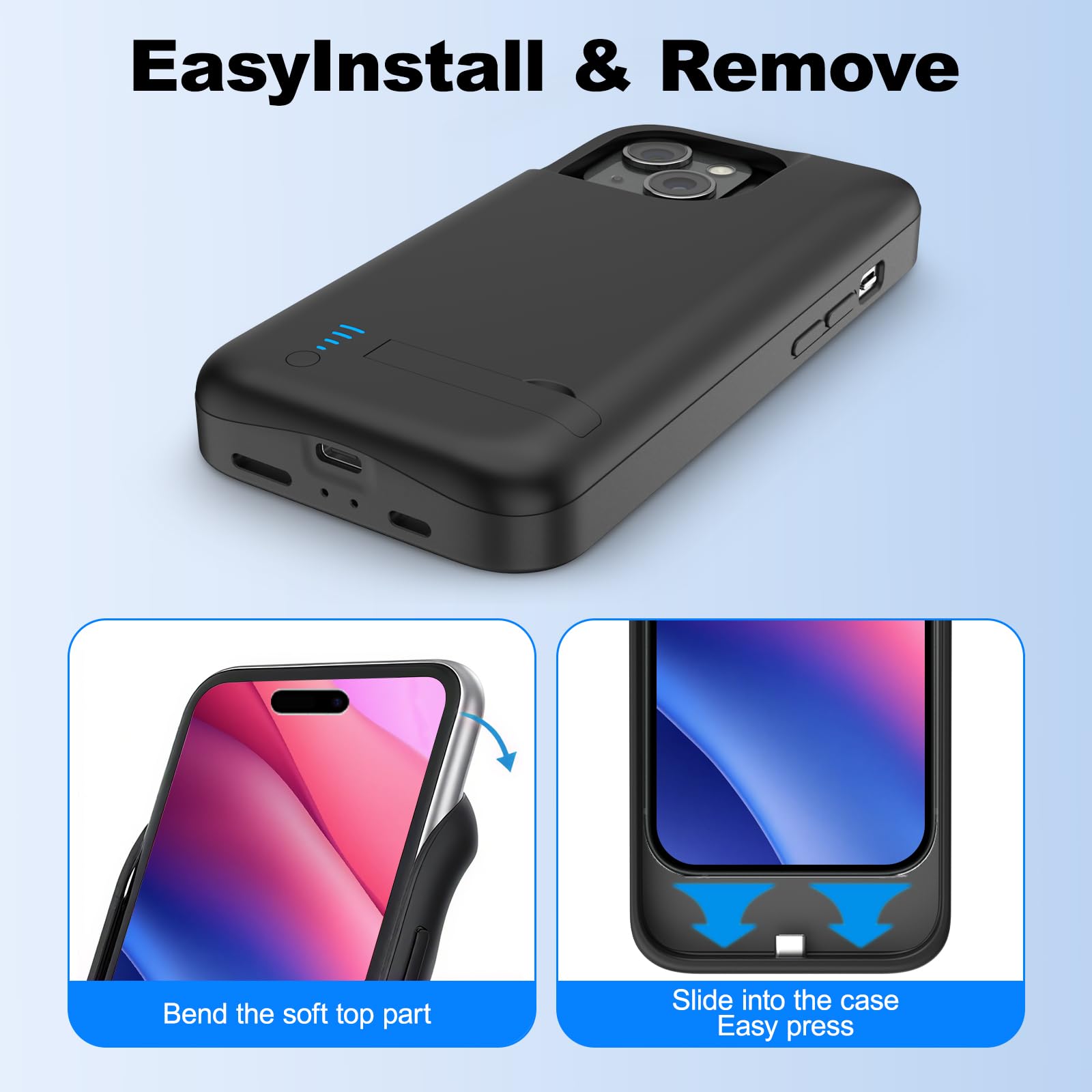 Etui na baterię do iPhone 15, prawdziwe 8500 mAh, wąskie, ładowalne, rozszerzona ładowarka, etui do ładowania ze stojakiem, przenośny powerbank ochronny do iPhone 15, 6,1 cala – czarne