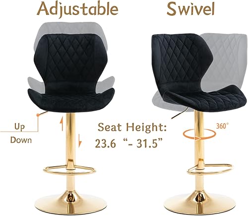 Miniatura 4 de Juego de 2 taburetes giratorios de bar ajustables con base dorada, terciopelo moderno para isla de cocina, comedor, bar en casa, negro, terciopelo