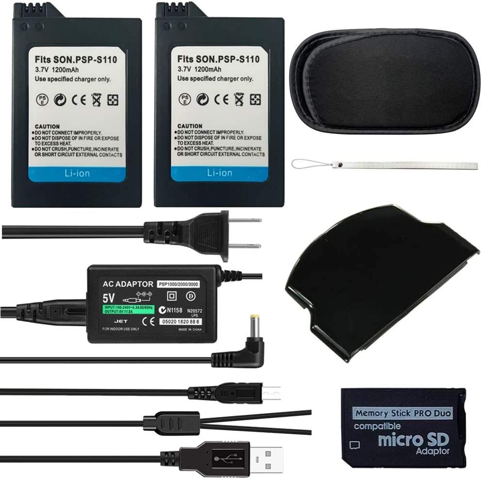 TFSeven PSP-S110 2Pcs 1200mAh Rechargeable Lithium-Ion Replacement Sony PSP Slim Battery AC Adapter 5V 2A Wall Travel Power Supply Compatible with PSP 2000 2001 3000 3001 3001 3004 Accessory Set