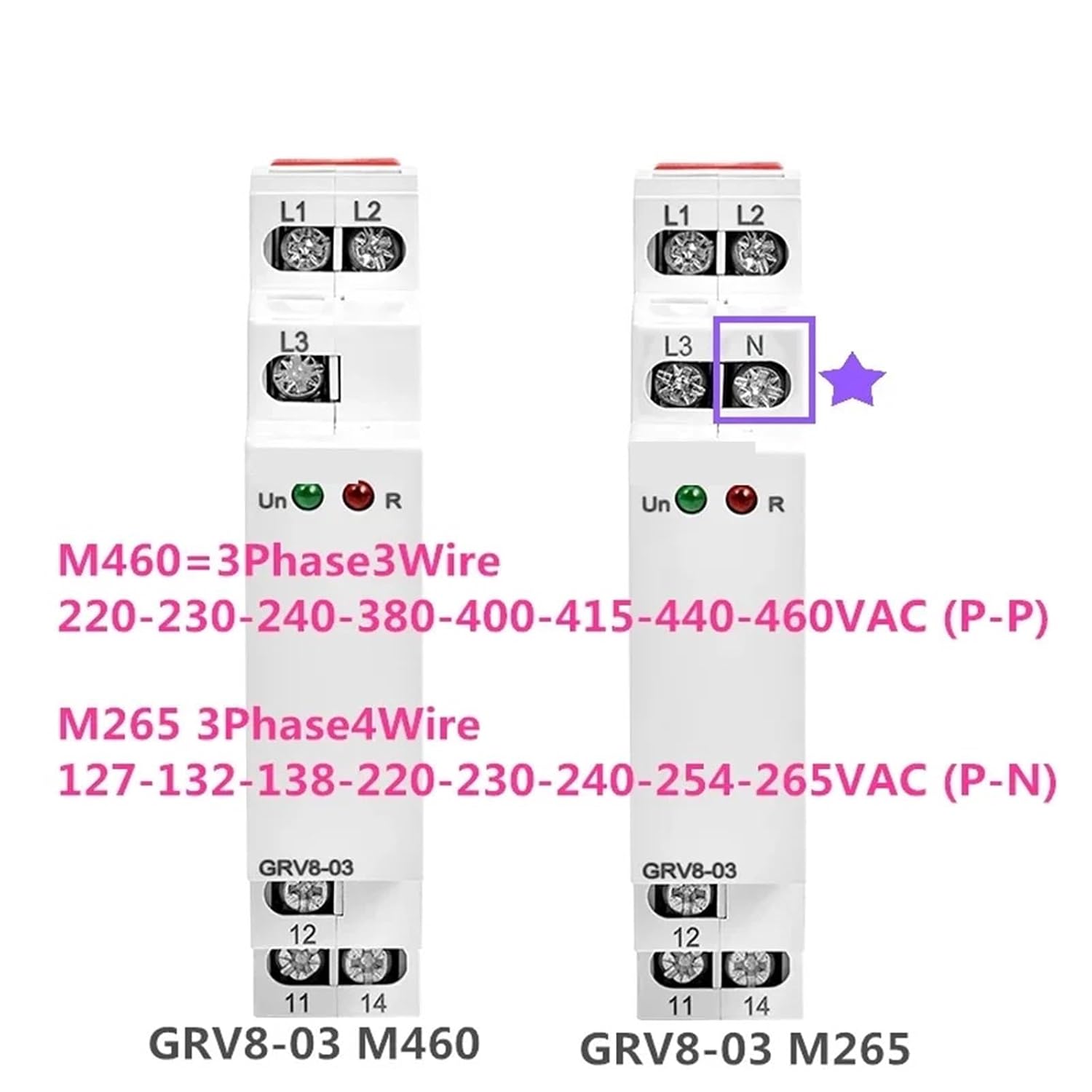 1pcs GRV8 3 Phase Voltage Protection Relay Phase Sequence Phase Failure Protection Relay 8A 10A 1SPDT 2SPDT Relay(GRV8-03,M265 3Phase4Wire)