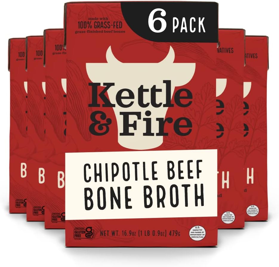 Kettle and Fire Chipotle Beef Bone Broth, Keto, Paleo, and Whole 30 Approved, Gluten Free, High in Protein and Collagen, 6 Pack