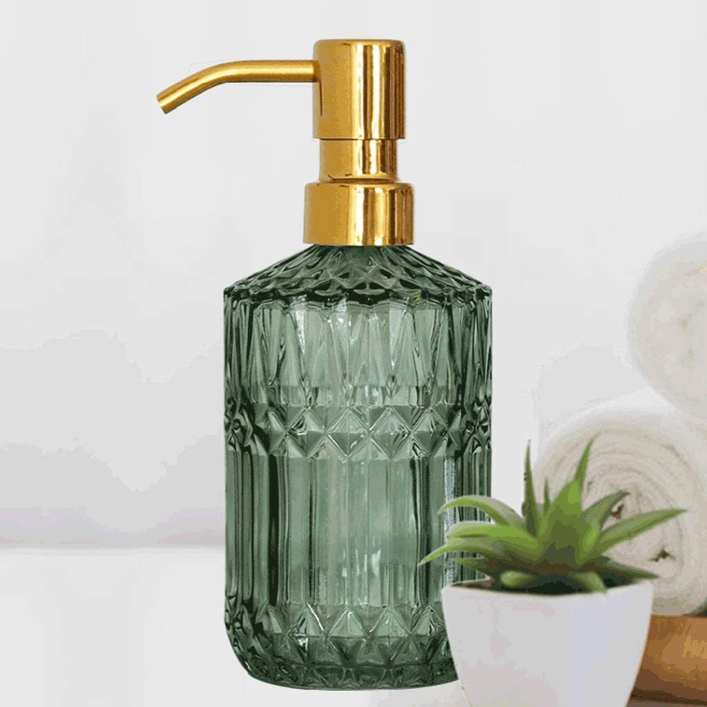 Distributore di sapone ricaricabile da 14,1 once, distributore di sapone in vetro, distributore di lozioni da cucina, distributore di sapone verde per il bagno con pompa per lozione a forma cilindrica