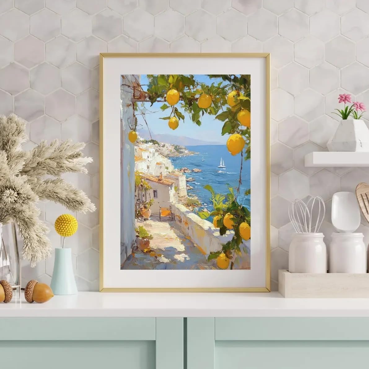 LTjiajuypd Coast with Lemons Poster Mediterranean Cityscape Wall Art Rustic Kitchen Prints Canvas Paintings for Room Decor(70x100cm)