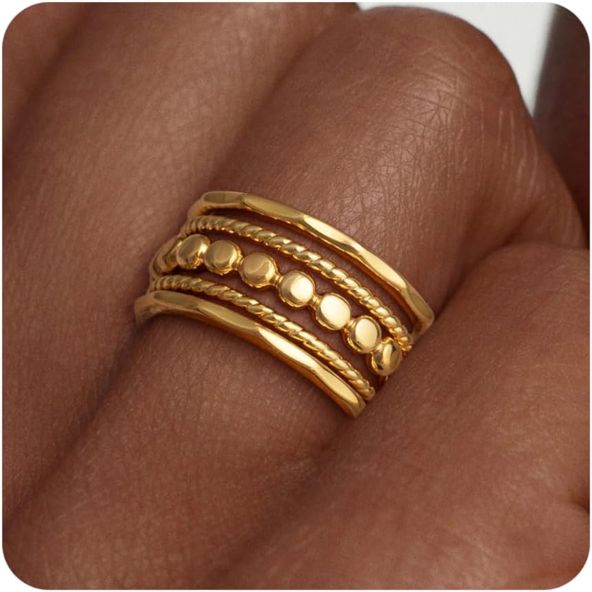 5PCS Gold Rings for Women, Dainty 14K Gold Plated Finger Rings, Trendy Stackable Thumb Pinky Midi Ring Set, Hypoallergenic Band Non Tarnish Jewelry Gifts Fashion Accessories Size 6-10