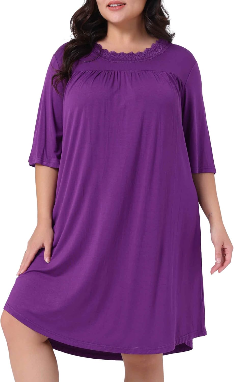 Agnes Orinda Women's Plus Size Nightgown 3/4 Sleeve Sleepwear Lace Crew Neck Comfy Sleep Gowns Pleated Nightshirt