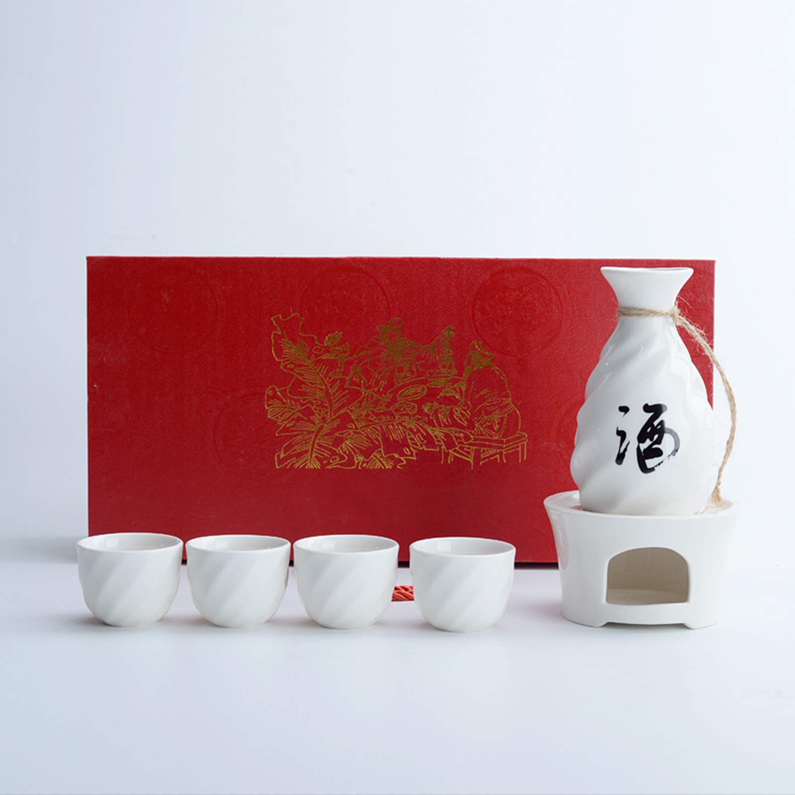 Tasse à saké traditionnelle, verres à vin en céramique, service à saké avec base thermostatique, kit de boissons chaudes japonaises traditionnelles, 6 pièces comprenant 1 poêle, 1 bouteille de saké et
