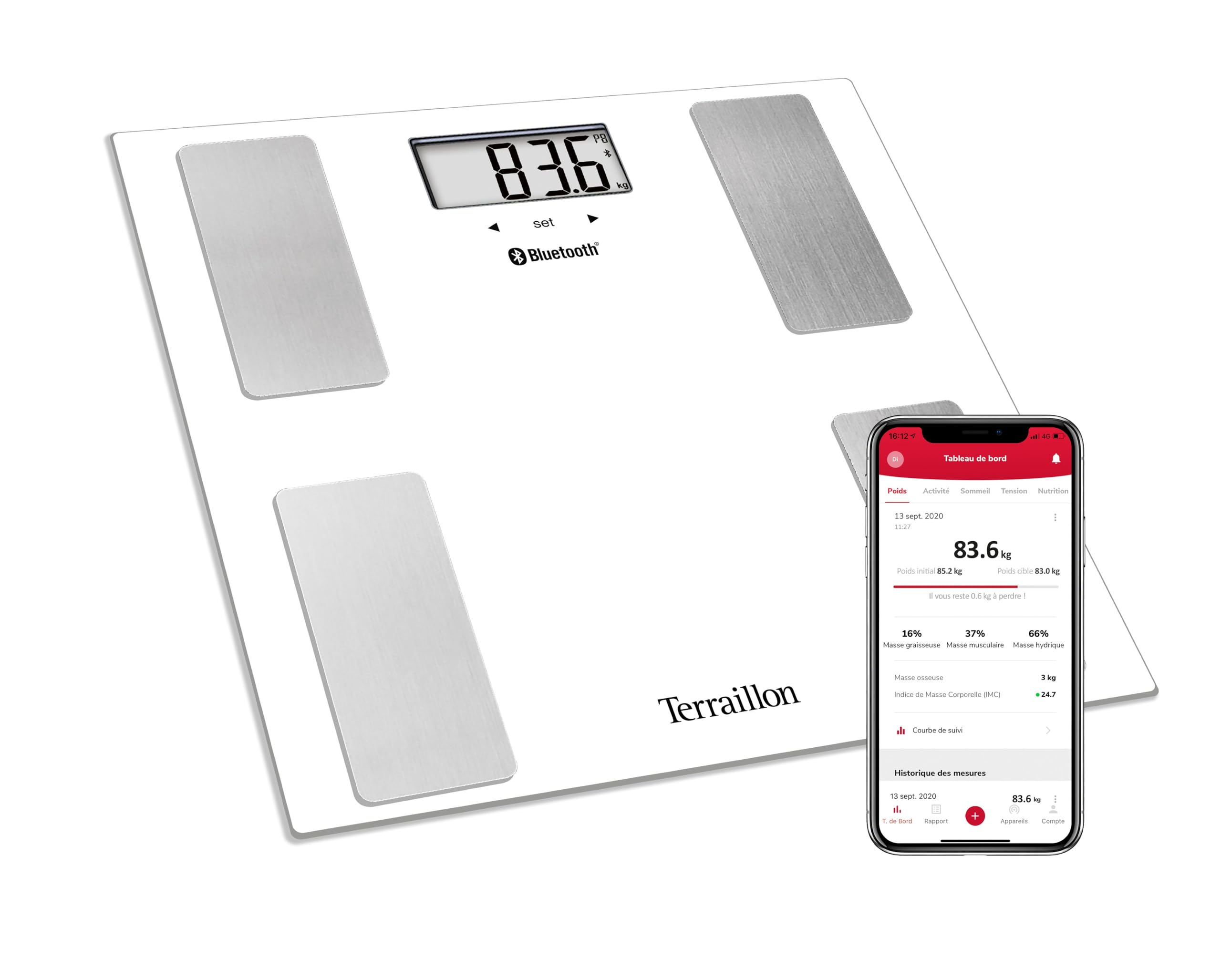 TERRAILLON Báscula de Baño Conectada SMART CONNECT - IMC - 8 Usuarios - Bluetooth Low Energy - Capacidad 160Kg - Blanco