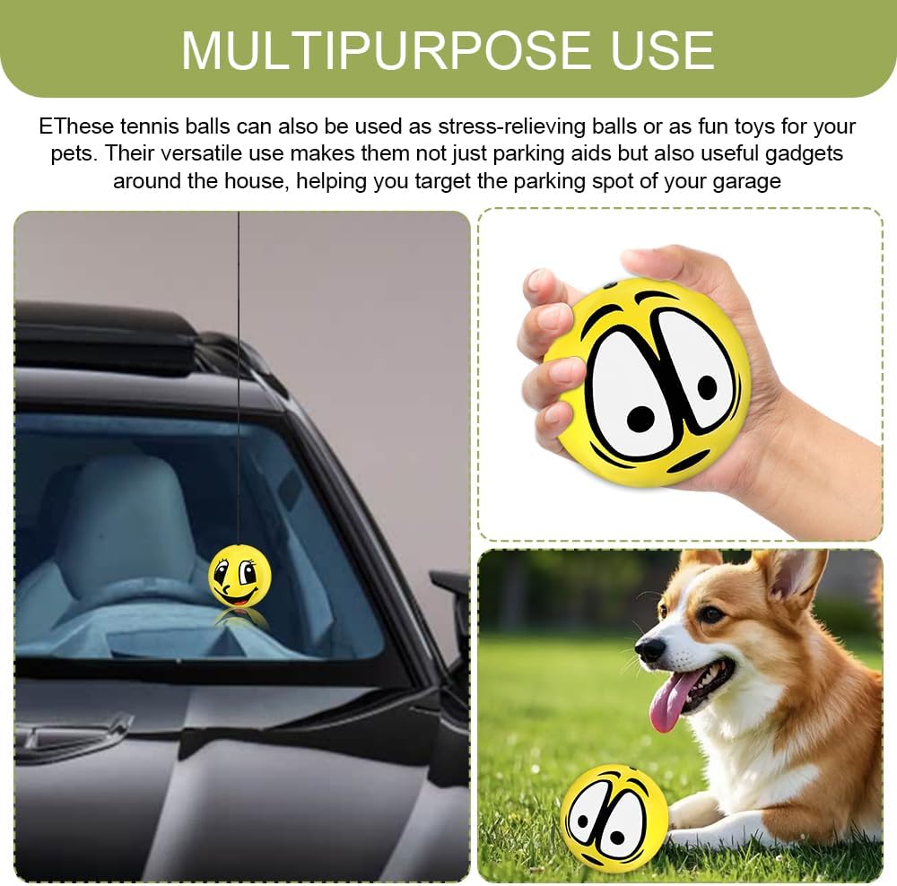 Garage Parking Aids Ball, Parking Assistant Kit with Elastic String and Adjustment Buckle, Adjustable Height Stopper Assist Indicator, Garage Precision Parking System for Cars (Eyes+Smile)